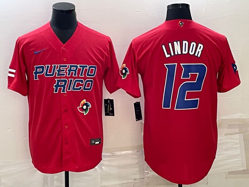 Men 2023 World Cub #12 Lindor Red Nike MLB Jersey8